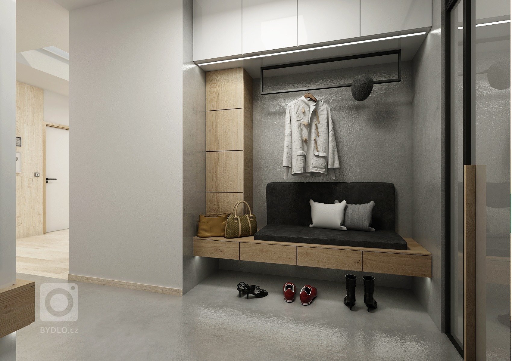 Byt o rozloze 125 m2, v posledním patře nového bytového domu. Materiál přírodního dubu a bílého laku ve vysokém lesku prostupuje celým bytem, doplňuje ho módní…