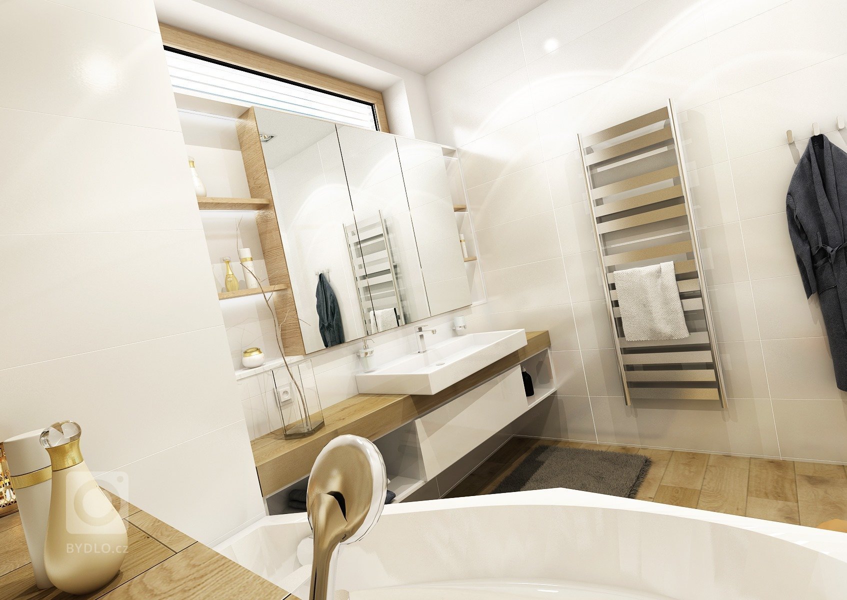 Byt o rozloze 125 m2, v posledním patře nového bytového domu. Materiál přírodního dubu a bílého laku ve vysokém lesku prostupuje celým bytem, doplňuje ho módní…