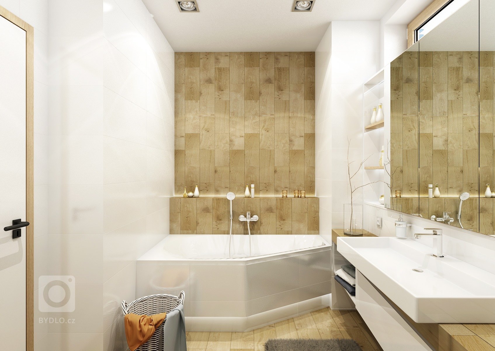 Byt o rozloze 125 m2, v posledním patře nového bytového domu. Materiál přírodního dubu a bílého laku ve vysokém lesku prostupuje celým bytem, doplňuje ho módní…