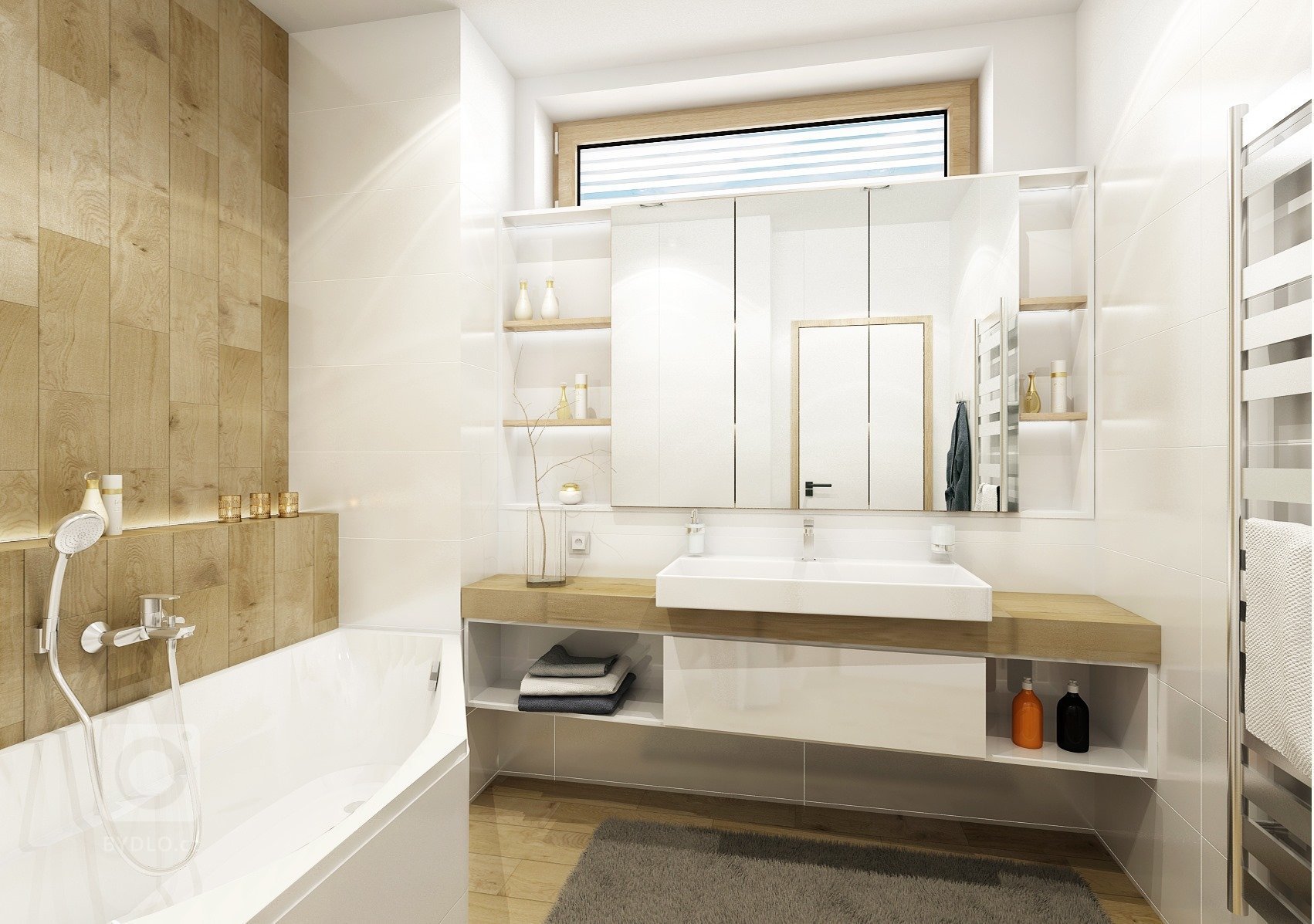 Byt o rozloze 125 m2, v posledním patře nového bytového domu. Materiál přírodního dubu a bílého laku ve vysokém lesku prostupuje celým bytem, doplňuje ho módní…