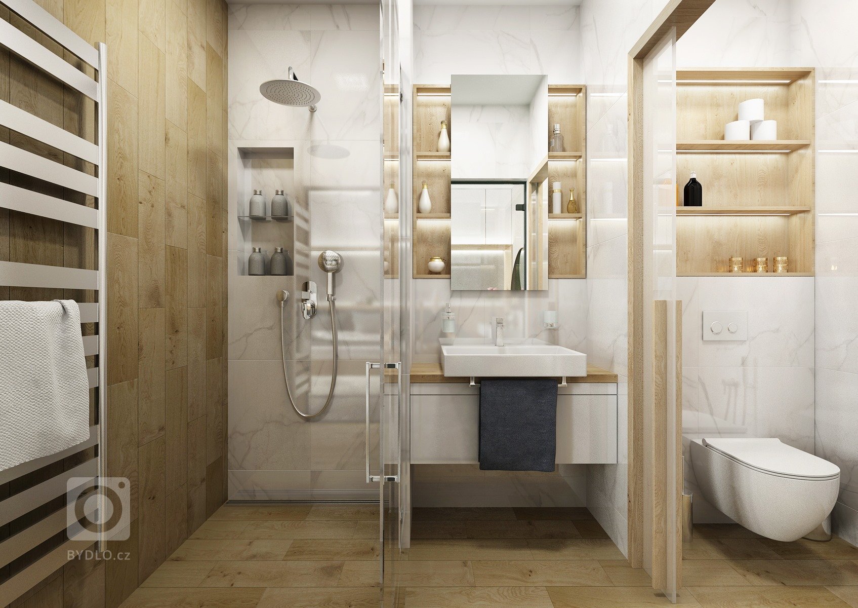 Byt o rozloze 125 m2, v posledním patře nového bytového domu. Materiál přírodního dubu a bílého laku ve vysokém lesku prostupuje celým bytem, doplňuje ho módní…