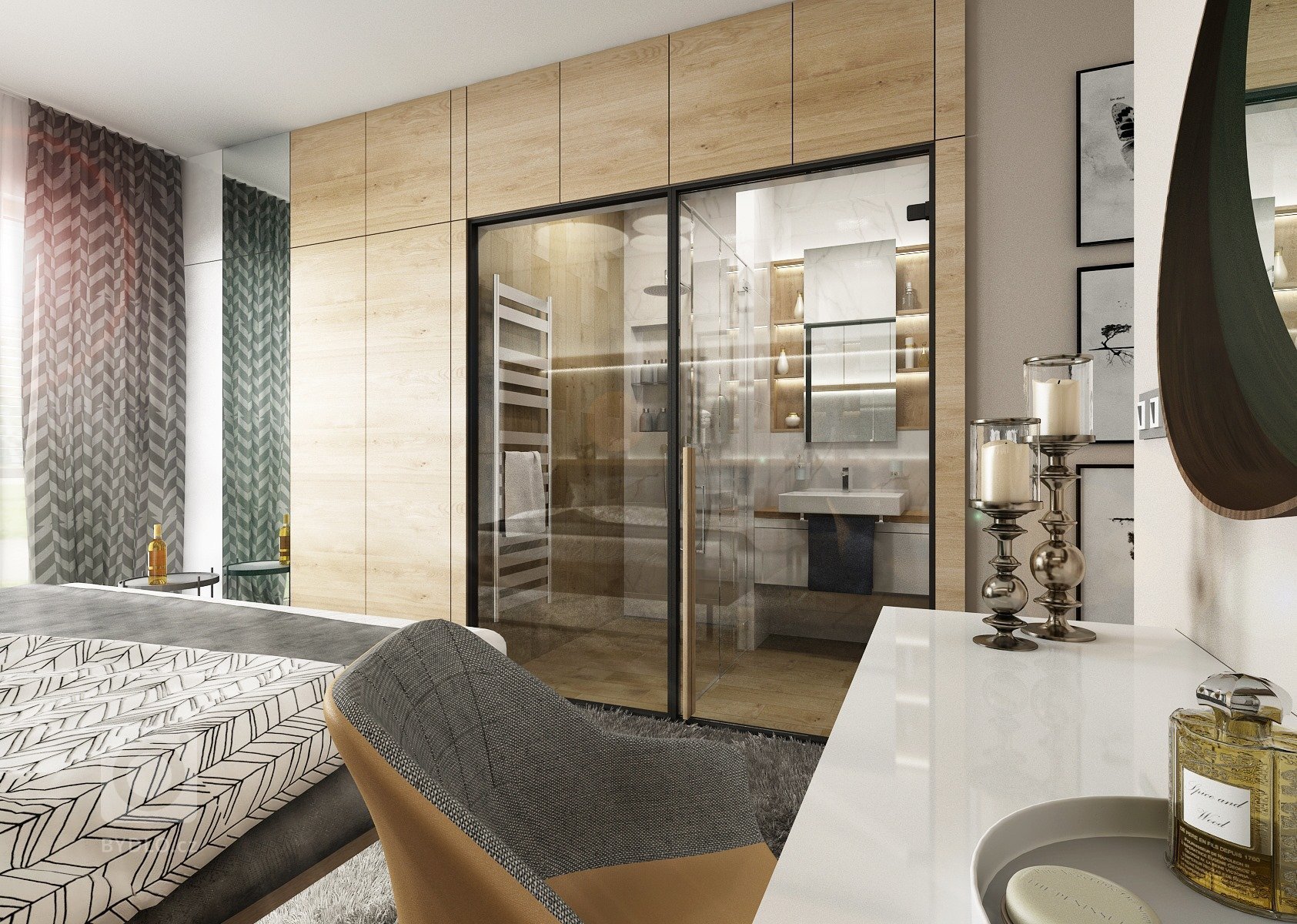 Byt o rozloze 125 m2, v posledním patře nového bytového domu. Materiál přírodního dubu a bílého laku ve vysokém lesku prostupuje celým bytem, doplňuje ho módní…