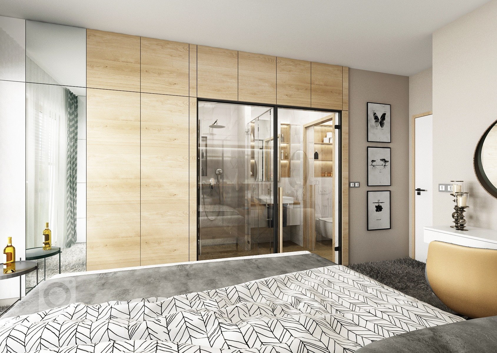 Byt o rozloze 125 m2, v posledním patře nového bytového domu. Materiál přírodního dubu a bílého laku ve vysokém lesku prostupuje celým bytem, doplňuje ho módní…