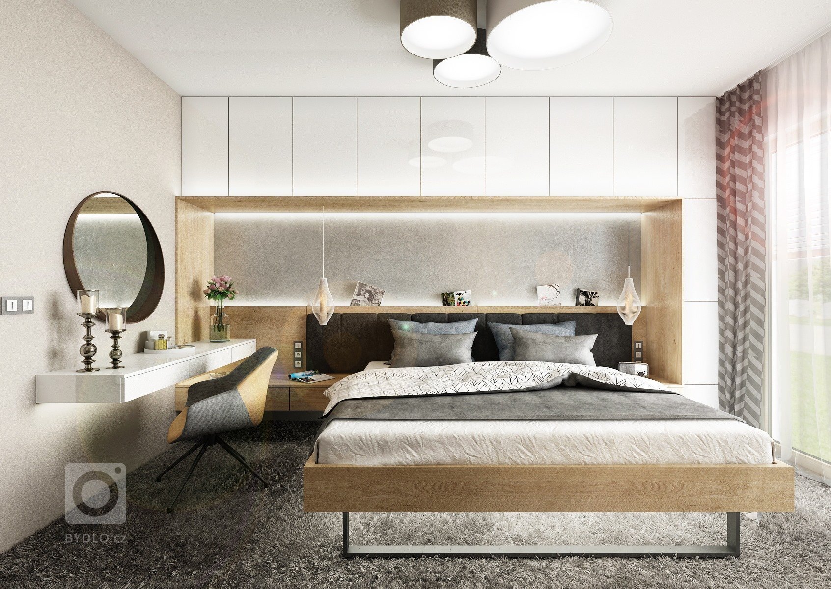 Byt o rozloze 125 m2, v posledním patře nového bytového domu. Materiál přírodního dubu a bílého laku ve vysokém lesku prostupuje celým bytem, doplňuje ho módní…