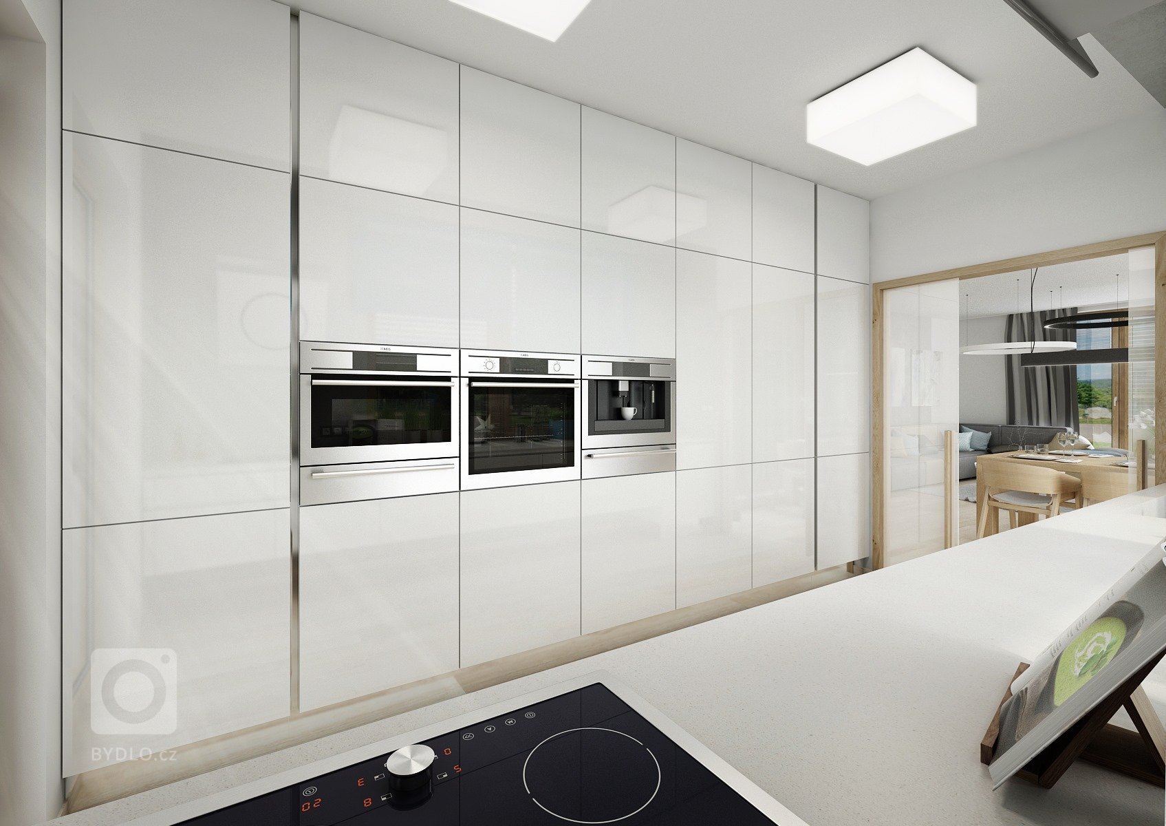 Byt o rozloze 125 m2, v posledním patře nového bytového domu. Materiál přírodního dubu a bílého laku ve vysokém lesku prostupuje celým bytem, doplňuje ho módní…