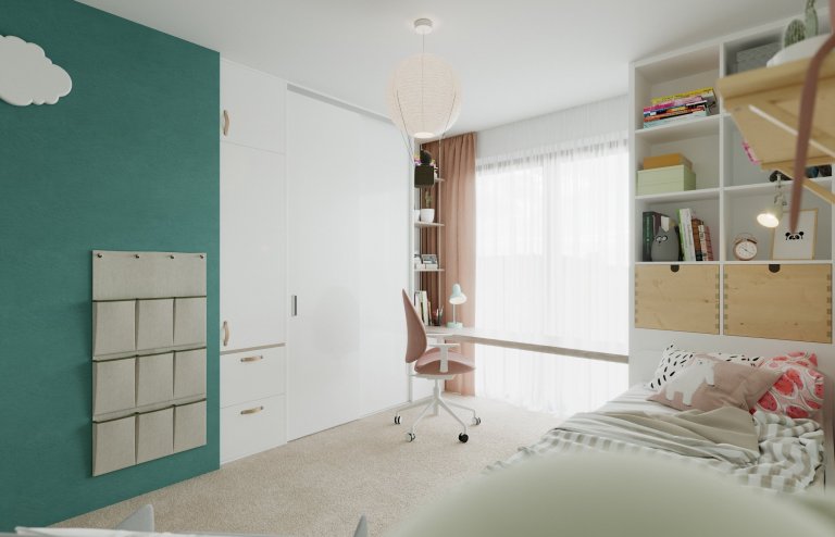 Architektonický návrh dětského pokojíčku pro čtyřletou holčičku.
