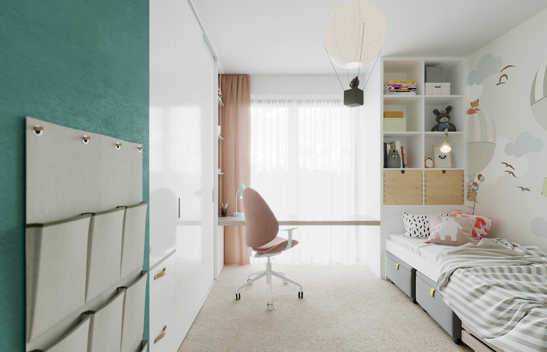 Architektonický návrh dětského pokojíčku pro čtyřletou holčičku.
