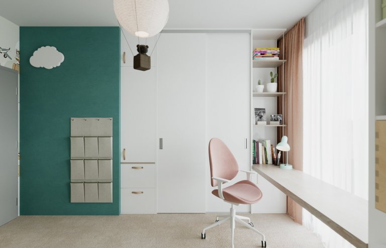 Architektonický návrh dětského pokojíčku pro čtyřletou holčičku.
