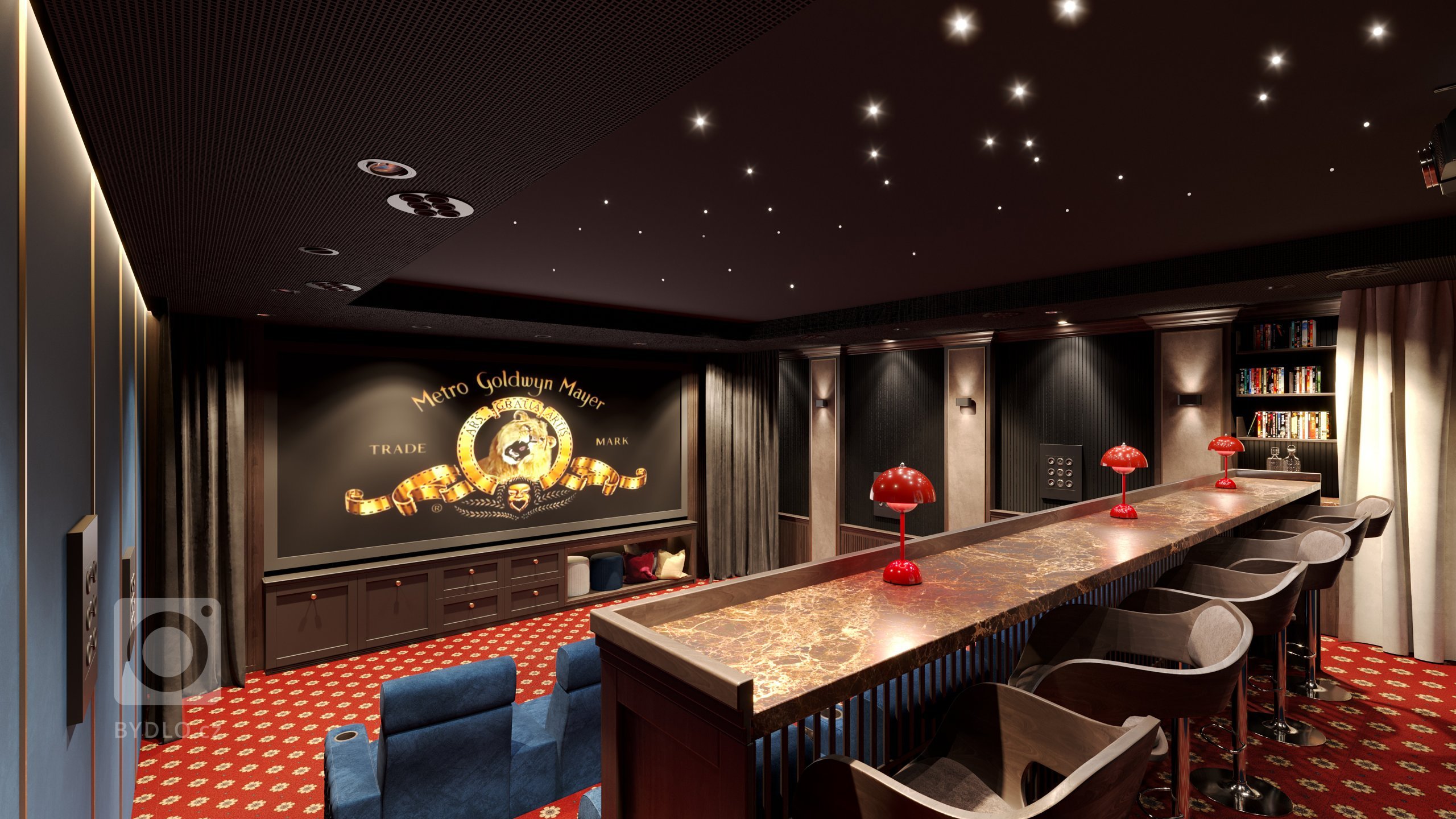 Architektonický návrh interiéru kina. Jedná se o vestavbu domácího kina v suterénu rodinné vily. Zadáním bylo vytvořit tak trochu kýčovité americké kino z 60.…
