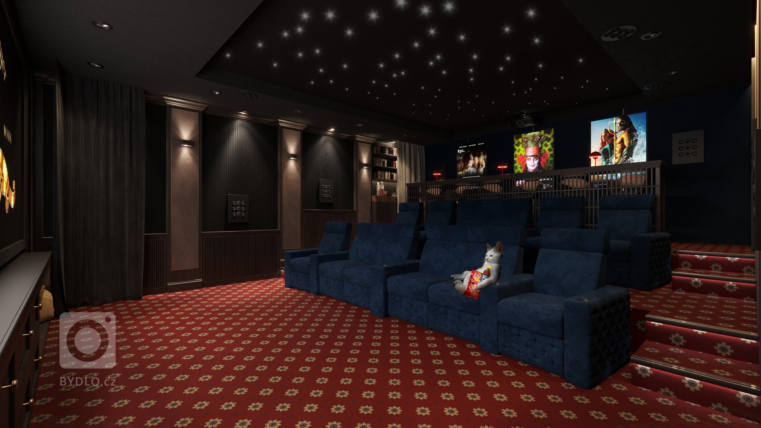 Architektonický návrh interiéru kina. Jedná se o vestavbu domácího kina v suterénu rodinné vily. Zadáním bylo vytvořit tak trochu kýčovité americké kino z 60.…