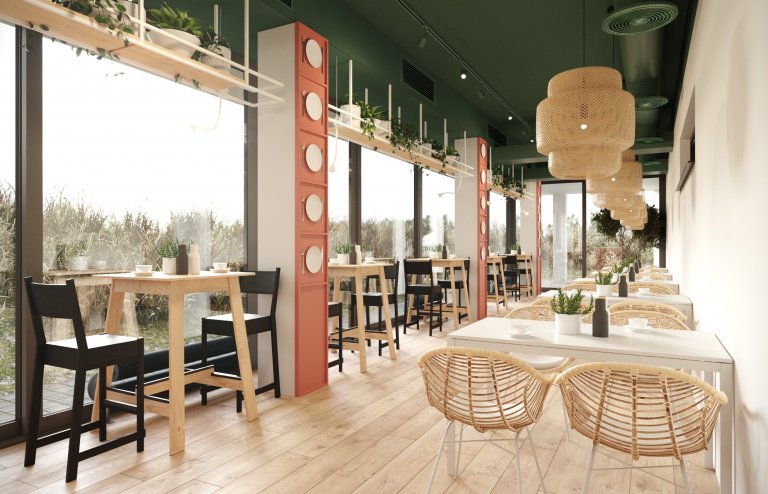 Architektonický návrh jídelny. Vestavba stravovacích prostor pro zaměstnance ve zdravotnickém zařízení. Čistý a jednoduchý design s množstvím rostlin.
…