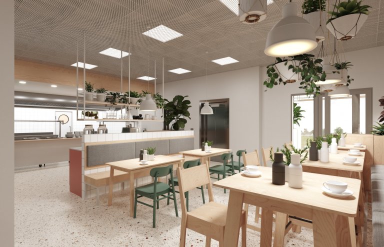 Architektonický návrh jídelny. Vestavba stravovacích prostor pro zaměstnance ve zdravotnickém zařízení. Čistý a jednoduchý design s množstvím rostlin.
…