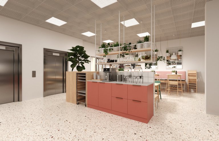 Architektonický návrh jídelny. Vestavba stravovacích prostor pro zaměstnance ve zdravotnickém zařízení. Čistý a jednoduchý design s množstvím rostlin.
…