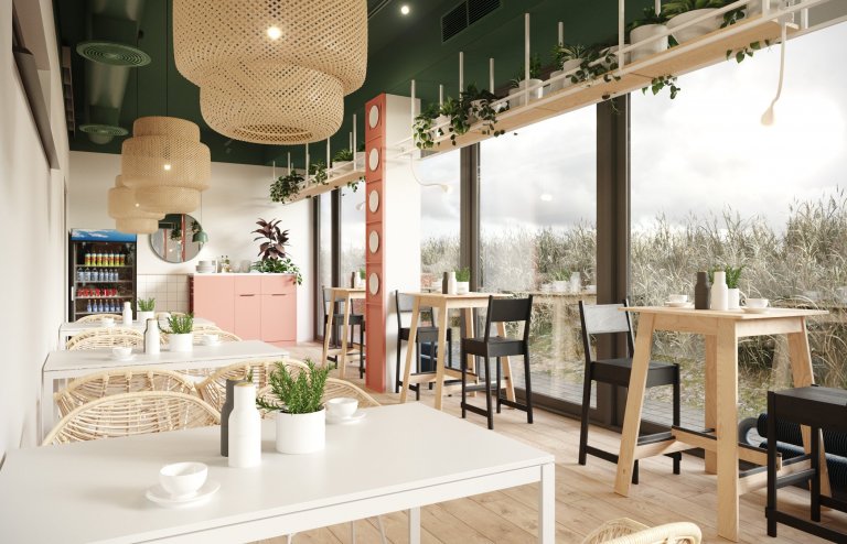 Architektonický návrh jídelny. Vestavba stravovacích prostor pro zaměstnance ve zdravotnickém zařízení. Čistý a jednoduchý design s množstvím rostlin.
…