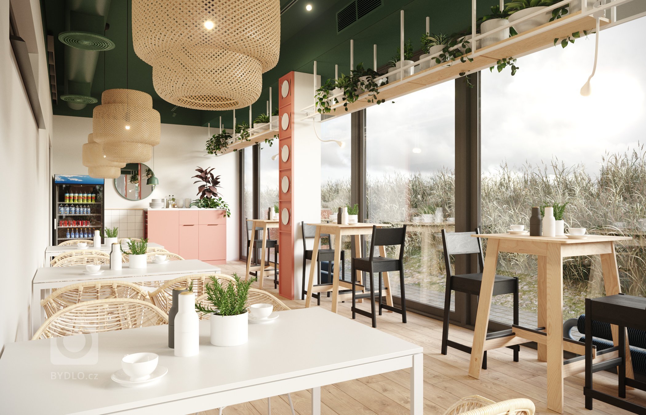 Architektonický návrh jídelny. Vestavba stravovacích prostor pro zaměstnance ve zdravotnickém zařízení. Čistý a jednoduchý design s množstvím rostlin.
…