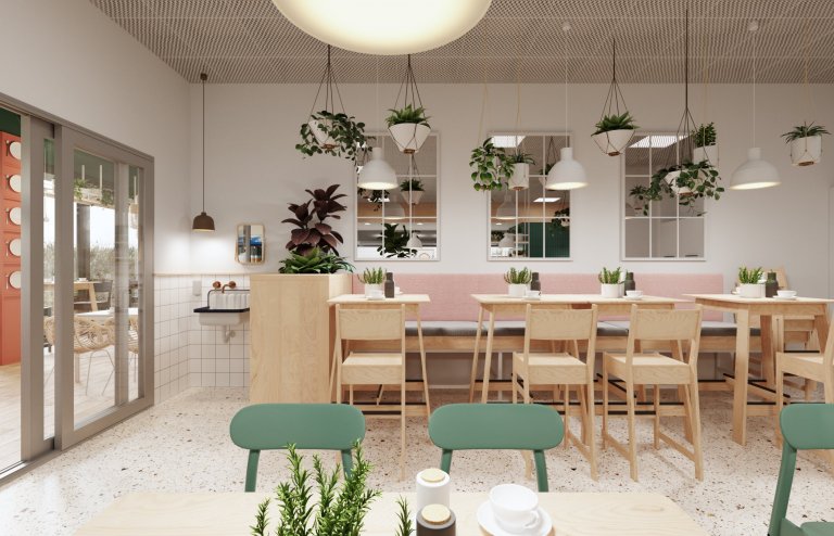 Architektonický návrh jídelny. Vestavba stravovacích prostor pro zaměstnance ve zdravotnickém zařízení. Čistý a jednoduchý design s množstvím rostlin.
…