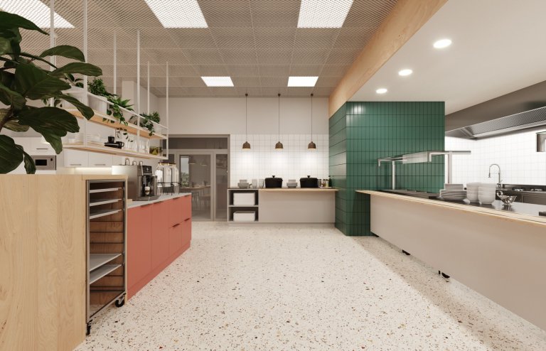 Architektonický návrh jídelny. Vestavba stravovacích prostor pro zaměstnance ve zdravotnickém zařízení. Čistý a jednoduchý design s množstvím rostlin.
…