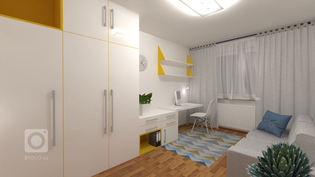 Pracovní místo, kde je preferována jednoduchost, čisté tvary a žlutý akcent, který dává prostoru lehce hravost a místnost rozzáří.