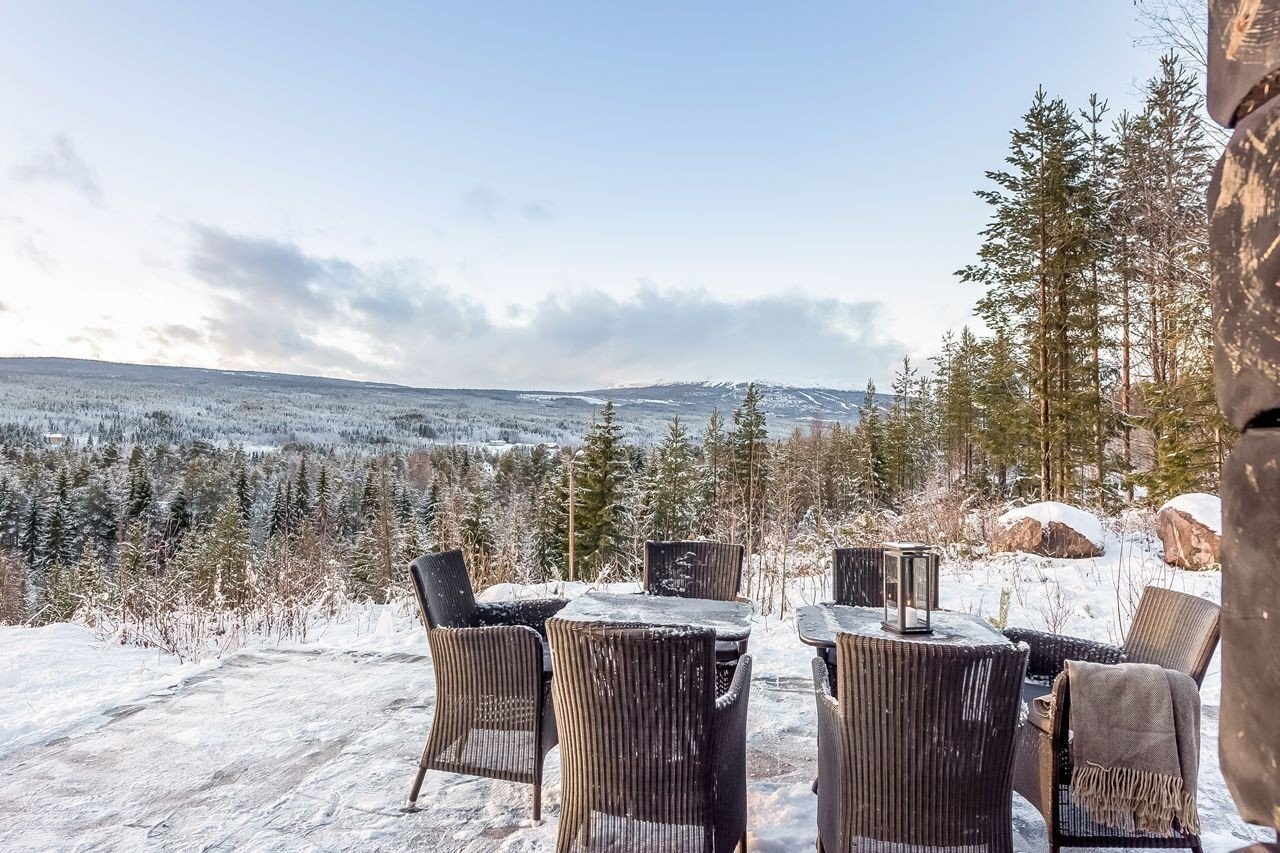 Norská chata s výhledem na lesy