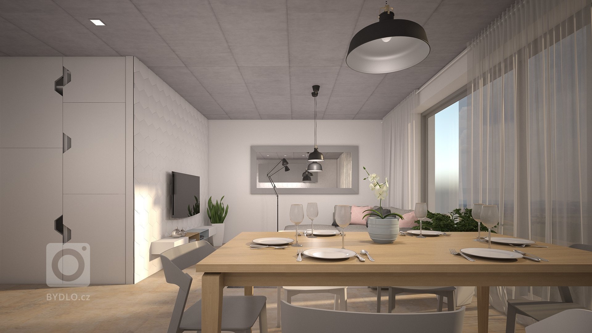 Interirér pro mladý pár nedaleko města Blanska, který si ponechal pohledový beton na stropní konstrukci a teplejší dekor betonové stěrky&nbsp;na podlaze.…