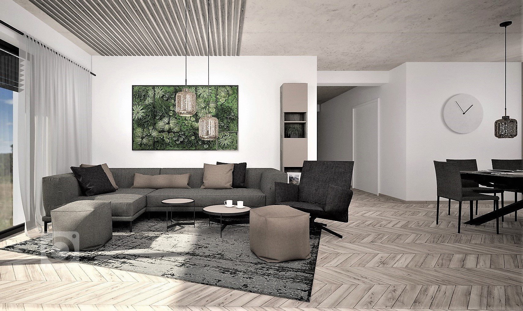 Interiér budoucího domu pro mladý sympatický pár, jehož zadáním bylo, aby interiér byl moderní s použitím odstínů šedé a taupe barvy. Případné barevné oživení…