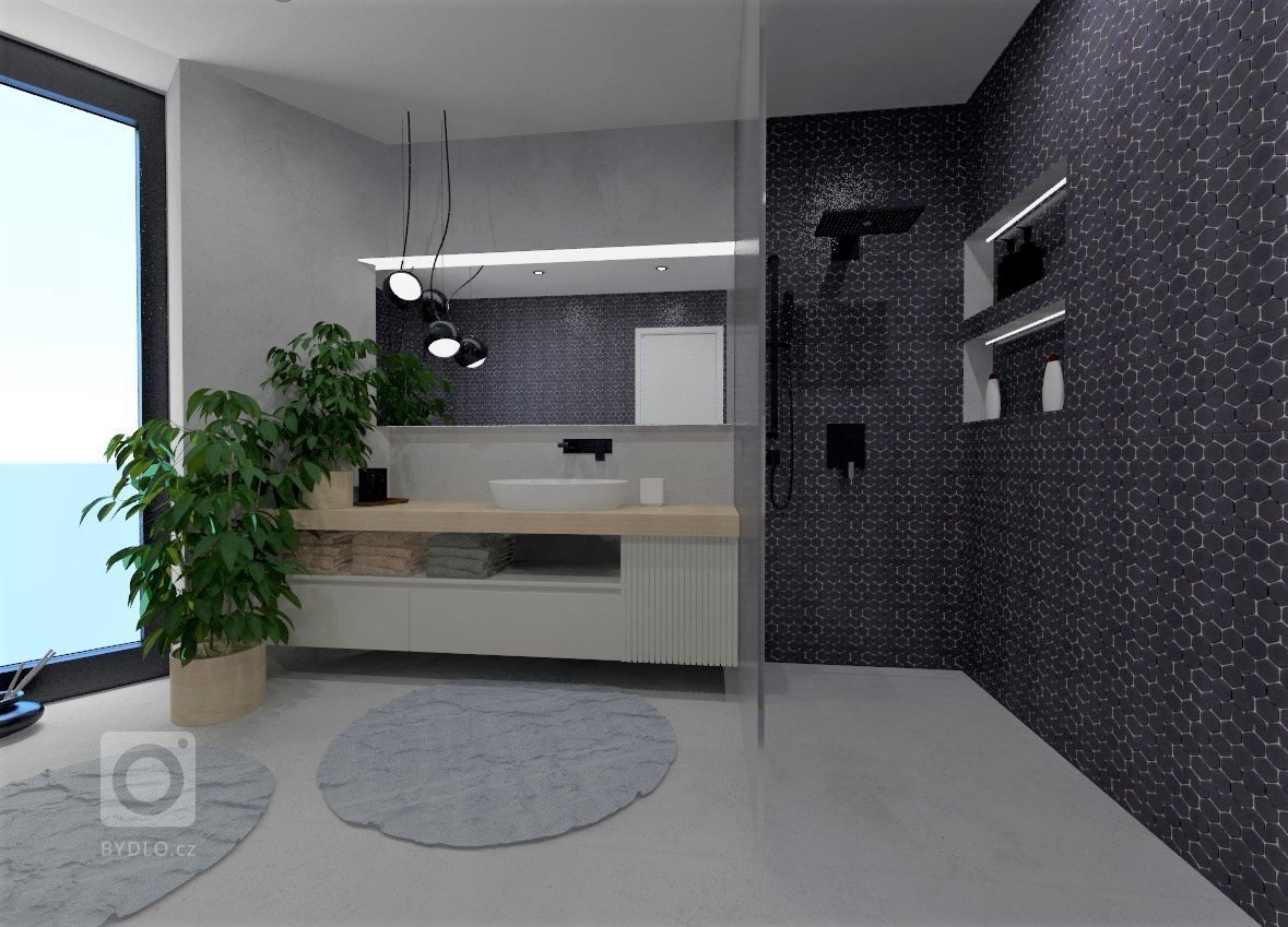 Inteirér je navržen v minimalistickém stylu, kde se skloubí tóny šedé a bílé. Na podlaze pro sjednocení a čistotu prostoru bude epoxidová stěrka, doplňkově…