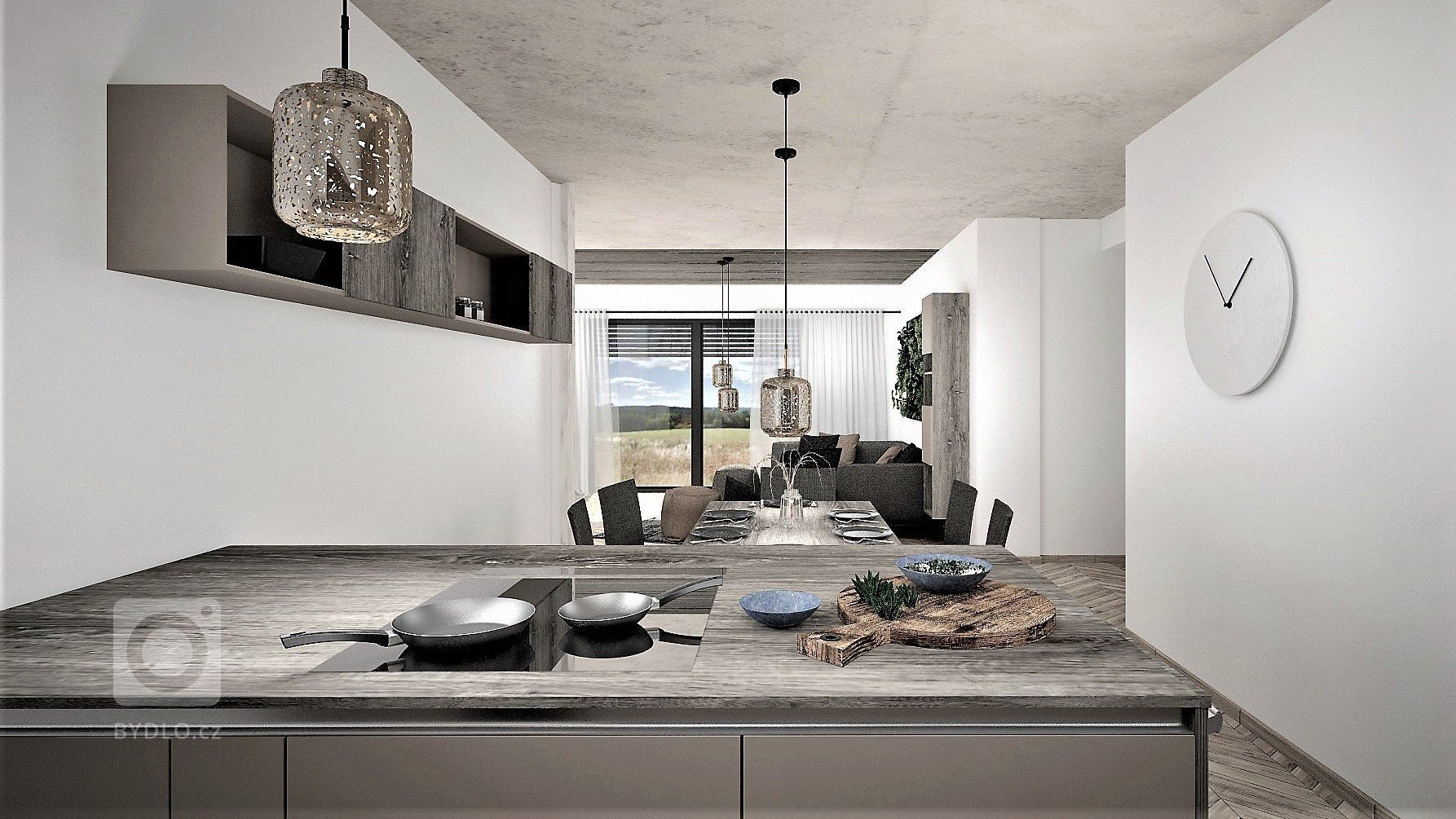 Interiér budoucího domu pro mladý sympatický pár, jehož zadáním bylo, aby interiér byl moderní s použitím odstínů šedé a taupe barvy. Případné barevné oživení…