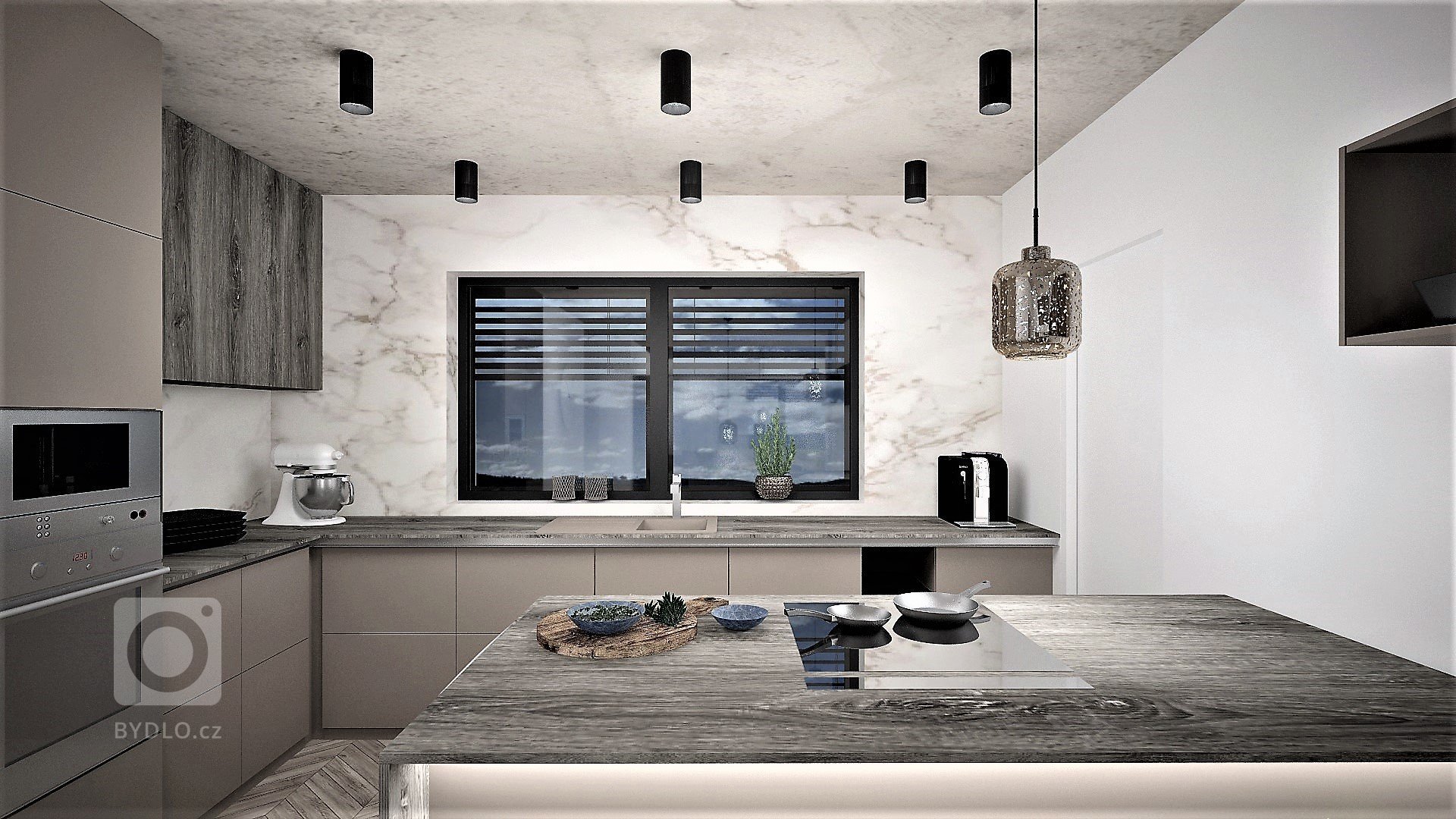 Interiér budoucího domu pro mladý sympatický pár, jehož zadáním bylo, aby interiér byl moderní s použitím odstínů šedé a taupe barvy. Případné barevné oživení…