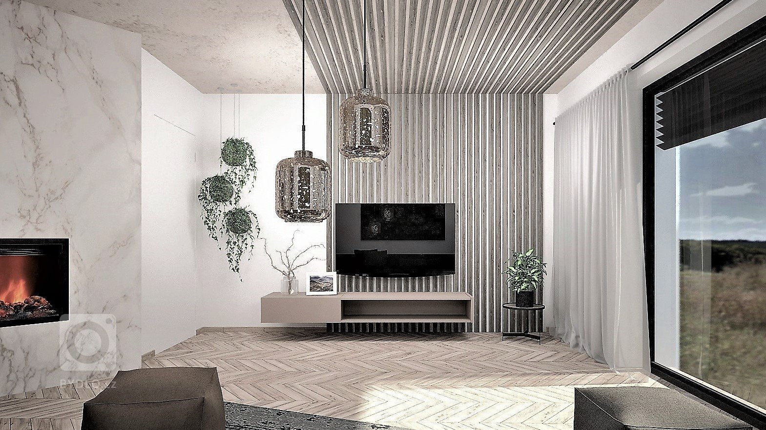 Interiér budoucího domu pro mladý sympatický pár, jehož zadáním bylo, aby interiér byl moderní s použitím odstínů šedé a taupe barvy. Případné barevné oživení…