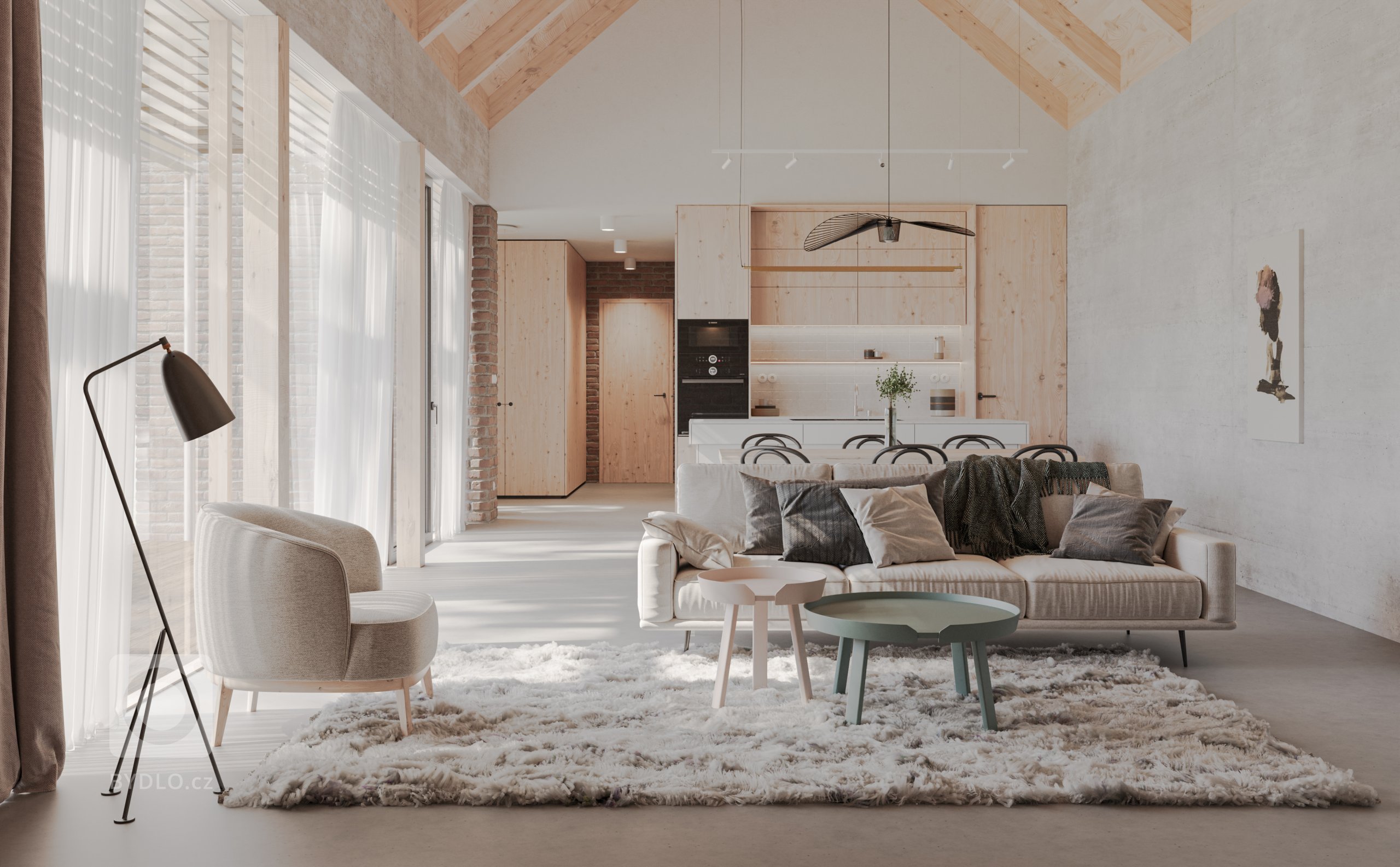 Dominantným priestorom dispozície je otvorená obývacia časť s kuchyňou a jedálňou, s výškou až po priznaný drevený krov. Nachádza sa tu vstupná predsieň, v kontakte s ňou je hosťovská izba, kúpeľňa s wc a technická miestnosť. Nasleduje centrálny otvorený priestor s kuchyňou, jedálenskou časťou a obývacím priestorom. Za kuchyňou sa nachádza komora. Centrálny obytný priestor je otvorený smerom do záhrady a tak opticky prepojený s okolitým prírodným prostredím. Z kuchynskej časti je prístupná terasa s exteriérovým posedením a tieniacou pergolou.
Nábytkové prvky z bielenej smrekovej biodosky podporujú prírodný koncept. Obvodový plášť z konopného betónu vytvára štruktúrované zvislé plochy s charakteristickou textúrou. Prirodzená farebnosť a pravdivosť materiálov sa odráža aj v samotných izbách v podobe odhalených tehlových priečok, konopného betónu či smrekovej biodosky.