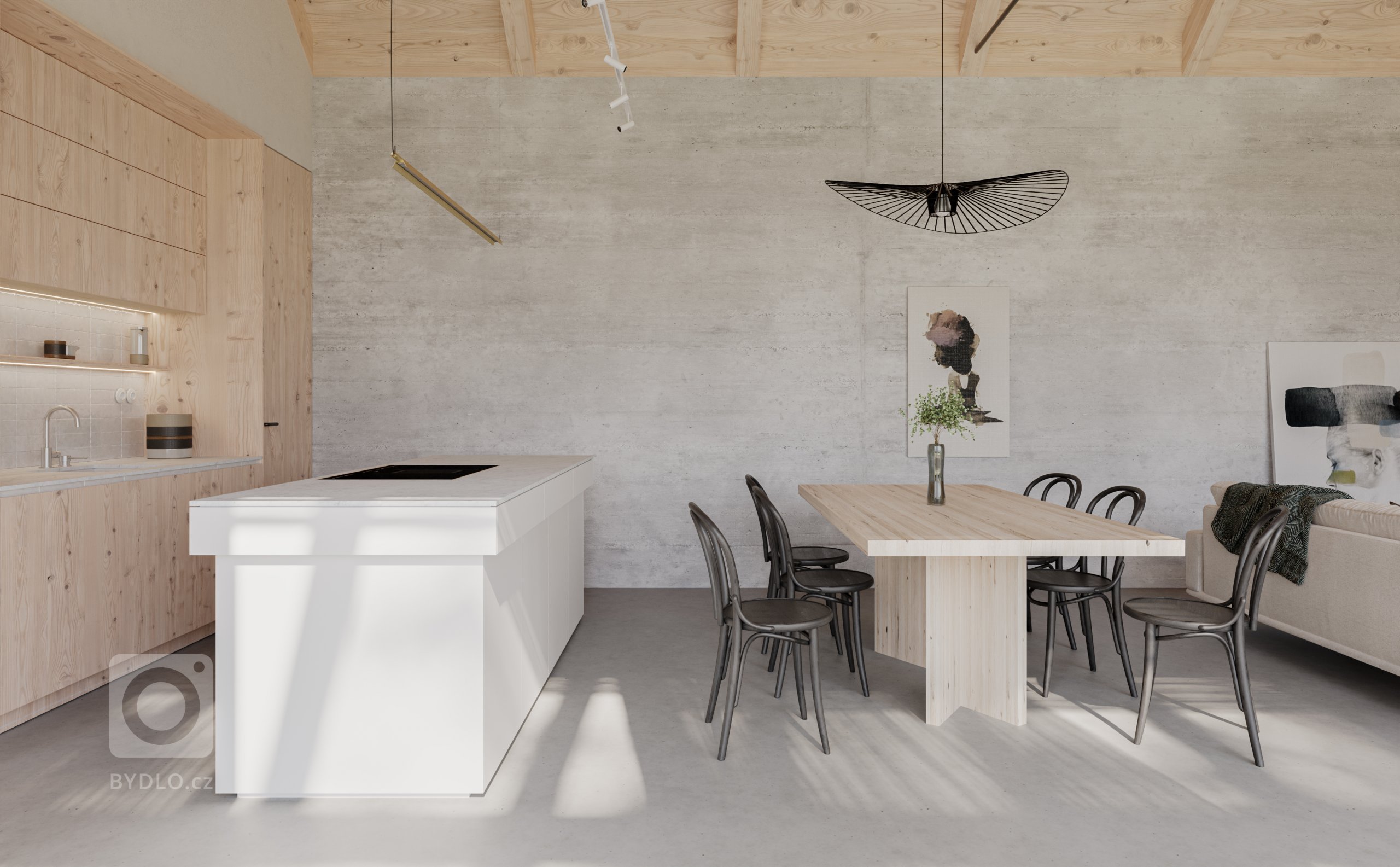 Dominantným priestorom dispozície je otvorená obývacia časť s kuchyňou a jedálňou, s výškou až po priznaný drevený krov. Nachádza sa tu vstupná predsieň, v kontakte s ňou je hosťovská izba, kúpeľňa s wc a technická miestnosť. Nasleduje centrálny otvorený priestor s kuchyňou, jedálenskou časťou a obývacím priestorom. Za kuchyňou sa nachádza komora. Centrálny obytný priestor je otvorený smerom do záhrady a tak opticky prepojený s okolitým prírodným prostredím. Z kuchynskej časti je prístupná terasa s exteriérovým posedením a tieniacou pergolou.
Nábytkové prvky z bielenej smrekovej biodosky podporujú prírodný koncept. Obvodový plášť z konopného betónu vytvára štruktúrované zvislé plochy s charakteristickou textúrou. Prirodzená farebnosť a pravdivosť materiálov sa odráža aj v samotných izbách v podobe odhalených tehlových priečok, konopného betónu či smrekovej biodosky.