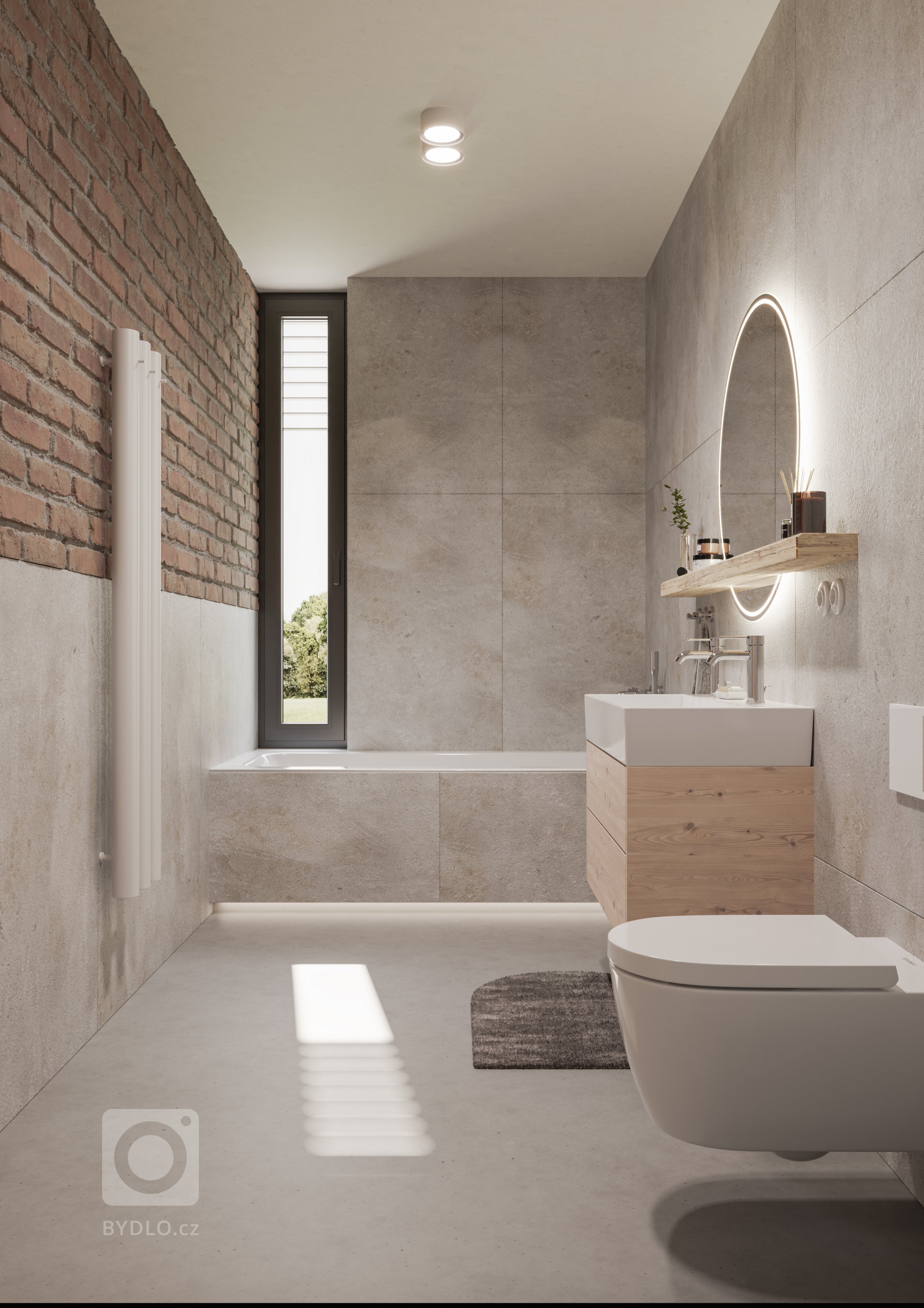 Prirodzená farebnosť a pravdivosť materiálov sa odráža aj vo 2 kúpeľniach. V kombinácii s mikrocementovou podlahou jemnej sivo-pieskovej farebnosti a priznaných repasovaných tehál, môžeme povedať, že sa materiály navzájom príjemne podporujú a vizuálne dopĺňajú.
Materiálovú celistvosť interiéru v podobe drevo-tehla-betón dopĺňa gresový obklad cemento-pieskového odtieňa v hygienických priestoroch.