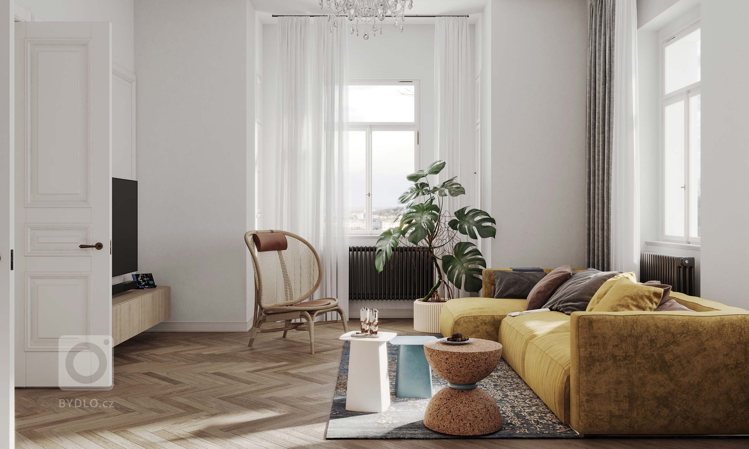 Tento projekt v Teplicích je světlý a vzdušný obývací prostor, který kombinuje moderní eleganci s živými barevnými akcenty. Dominantní hořčicově žlutá sedačka…