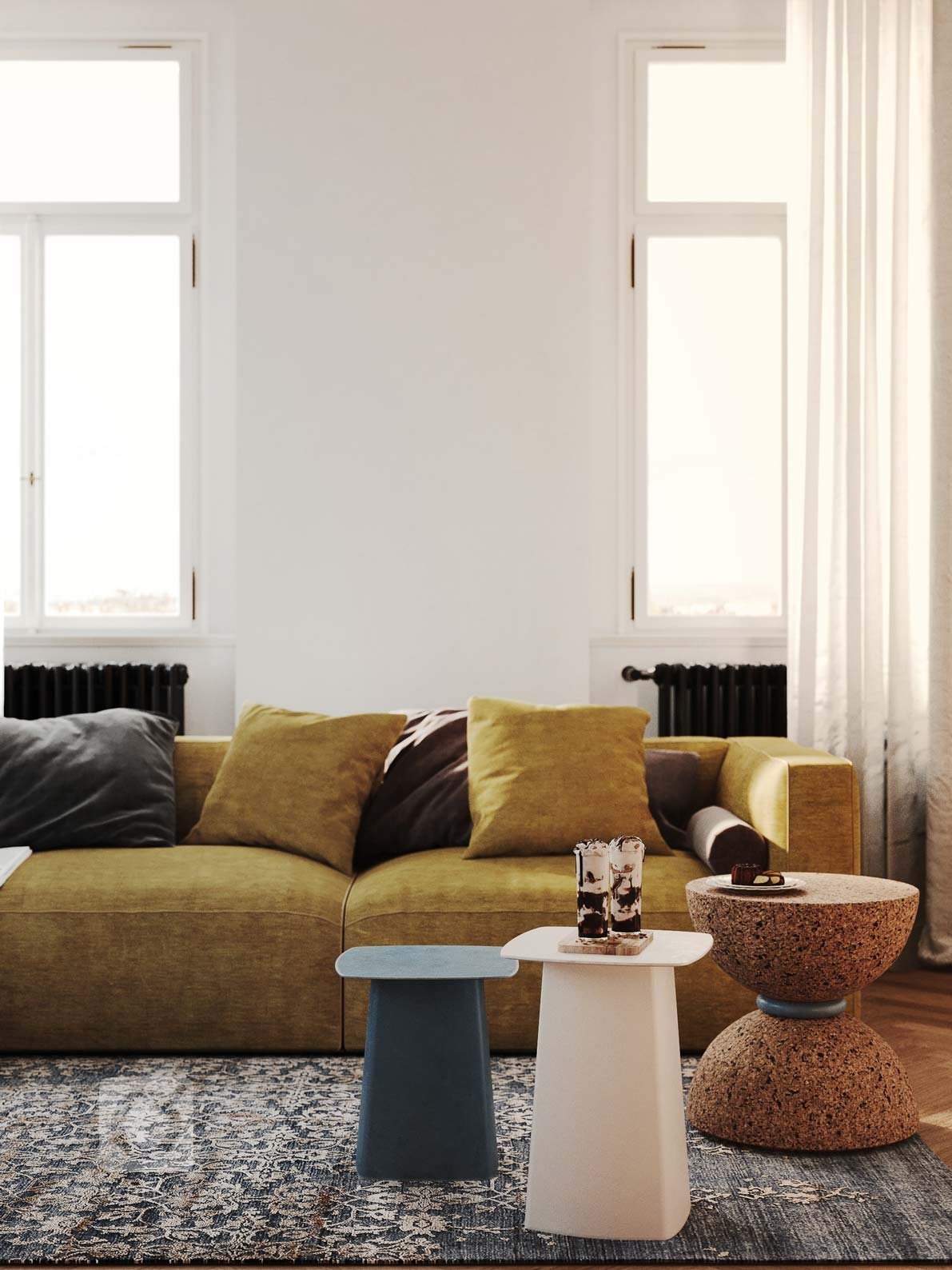 Tento projekt v Teplicích je světlý a vzdušný obývací prostor, který kombinuje moderní eleganci s živými barevnými akcenty. Dominantní hořčicově žlutá sedačka…