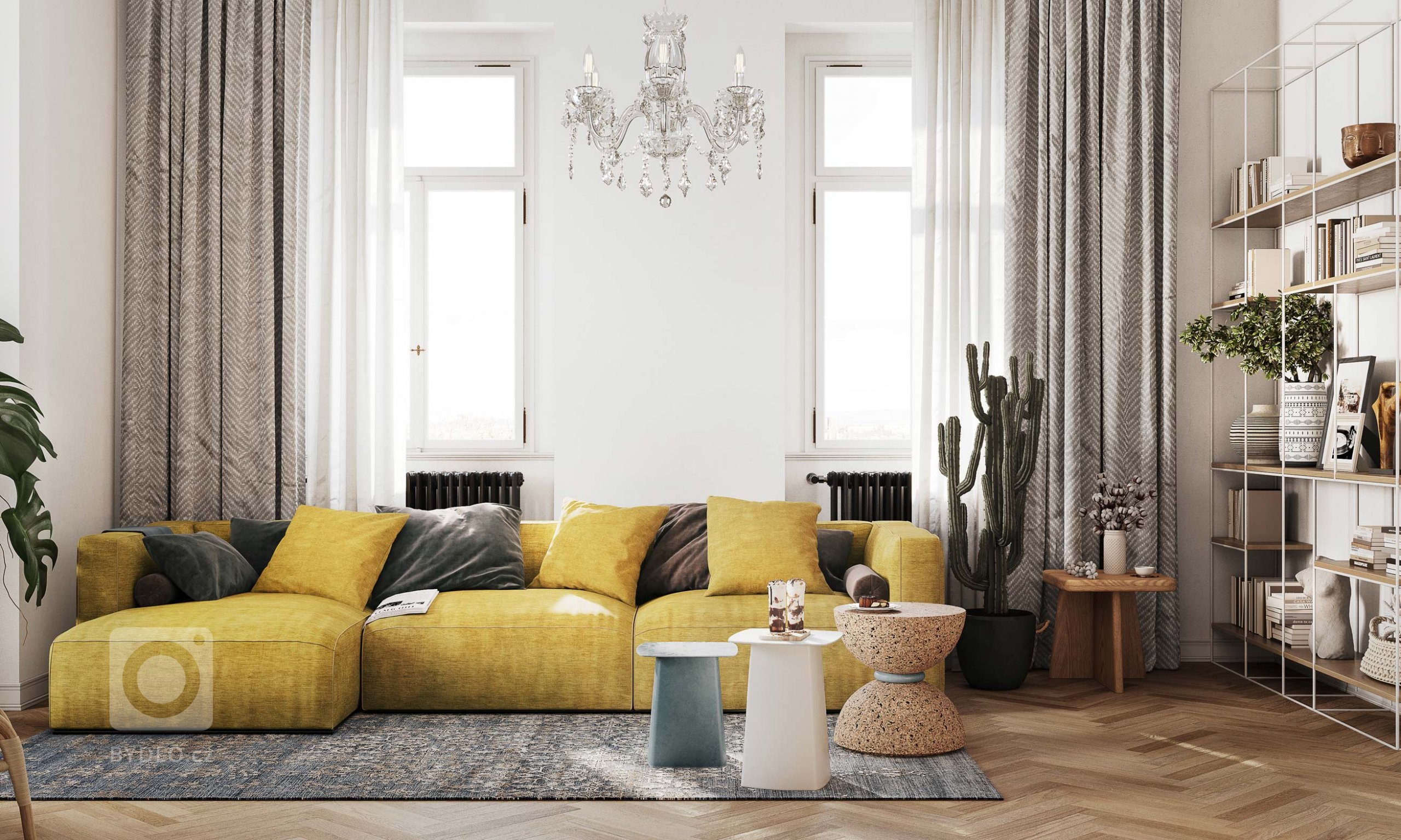 Tento projekt v Teplicích je světlý a vzdušný obývací prostor, který kombinuje moderní eleganci s živými barevnými akcenty. Dominantní hořčicově žlutá sedačka…