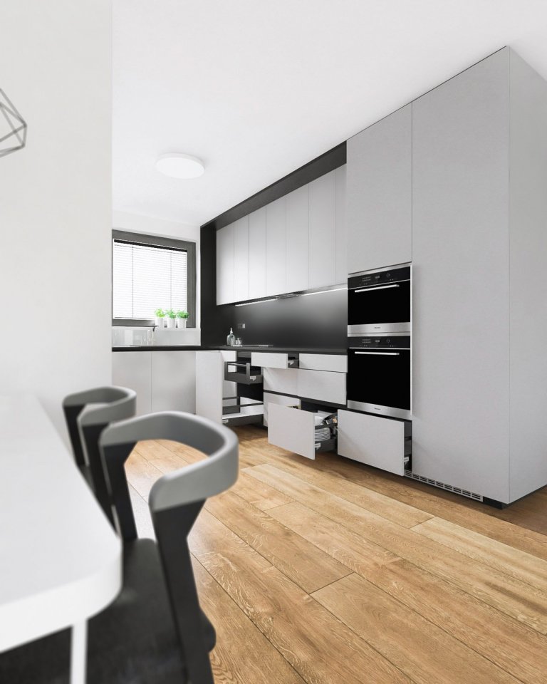 Minimalistický interiér bytu v severskom štýle je navrhnutý v&nbsp;neutrálnych odtieňoch antracitovej, jemne šedej a&nbsp;bielej farby v kontrastne s&nbsp…