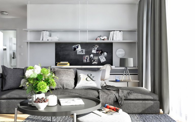 Minimalistický interiér bytu v severskom štýle je navrhnutý v&nbsp;neutrálnych odtieňoch antracitovej, jemne šedej a&nbsp;bielej farby v kontrastne s&nbsp…