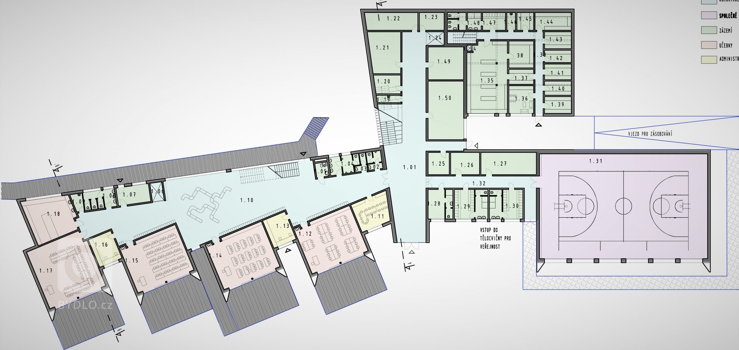 Studie novostavby Základní školy na Praze 4 - Modřany. Vytvoření příjemného prostoru s propojením s exteriérem.
