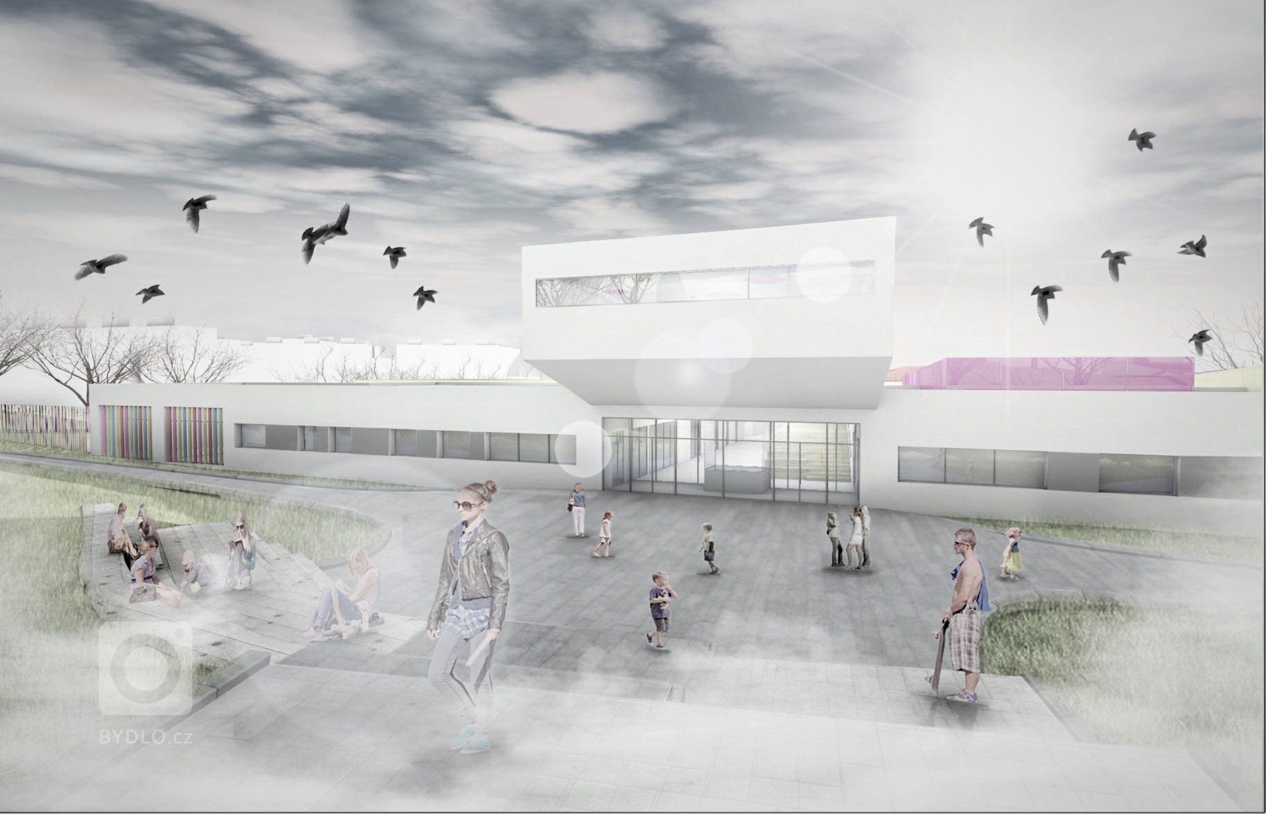 Studie novostavby Základní školy na Praze 4 - Modřany. Vytvoření příjemného prostoru s propojením s exteriérem.
