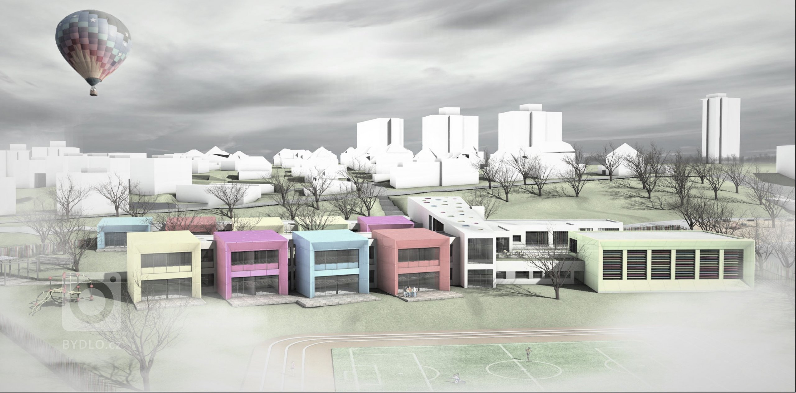 Studie novostavby Základní školy na Praze 4 - Modřany. Vytvoření příjemného prostoru s propojením s exteriérem.
