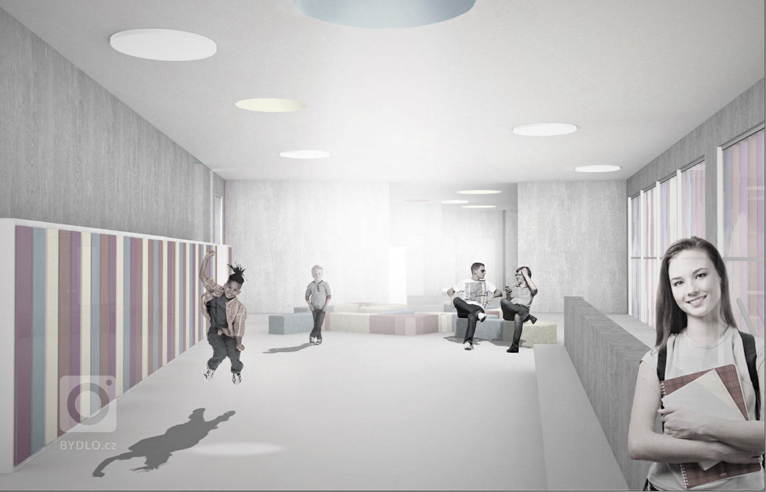 Studie novostavby Základní školy na Praze 4 - Modřany. Vytvoření příjemného prostoru s propojením s exteriérem.
