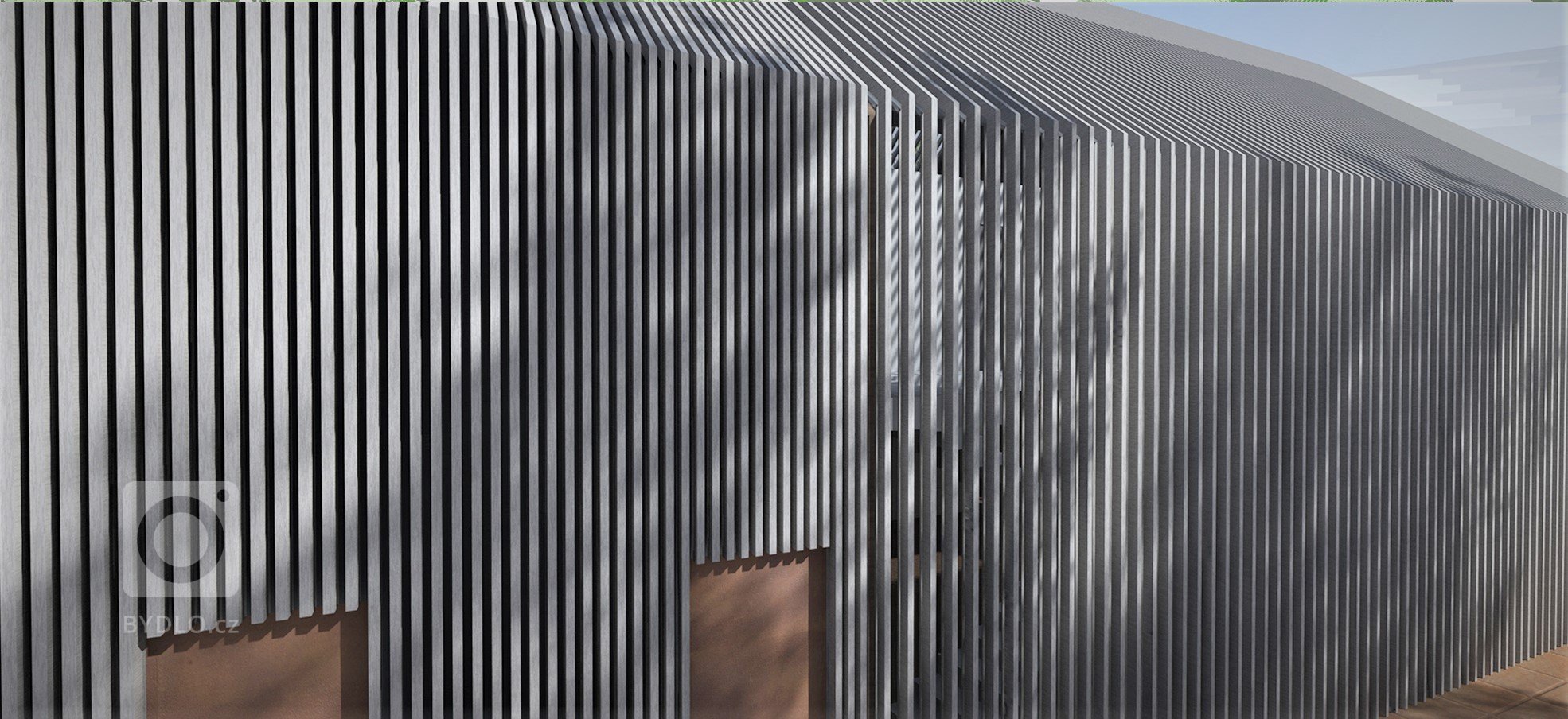 Studie skupiny rodinných domů zasazených do terénu. Obložené cortenovým plechem a dřevěným roštem.
