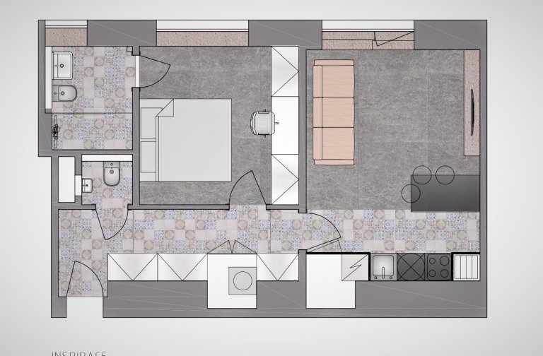 Změna dispozice a návrh interiéru nájemního bytu Dejvice.