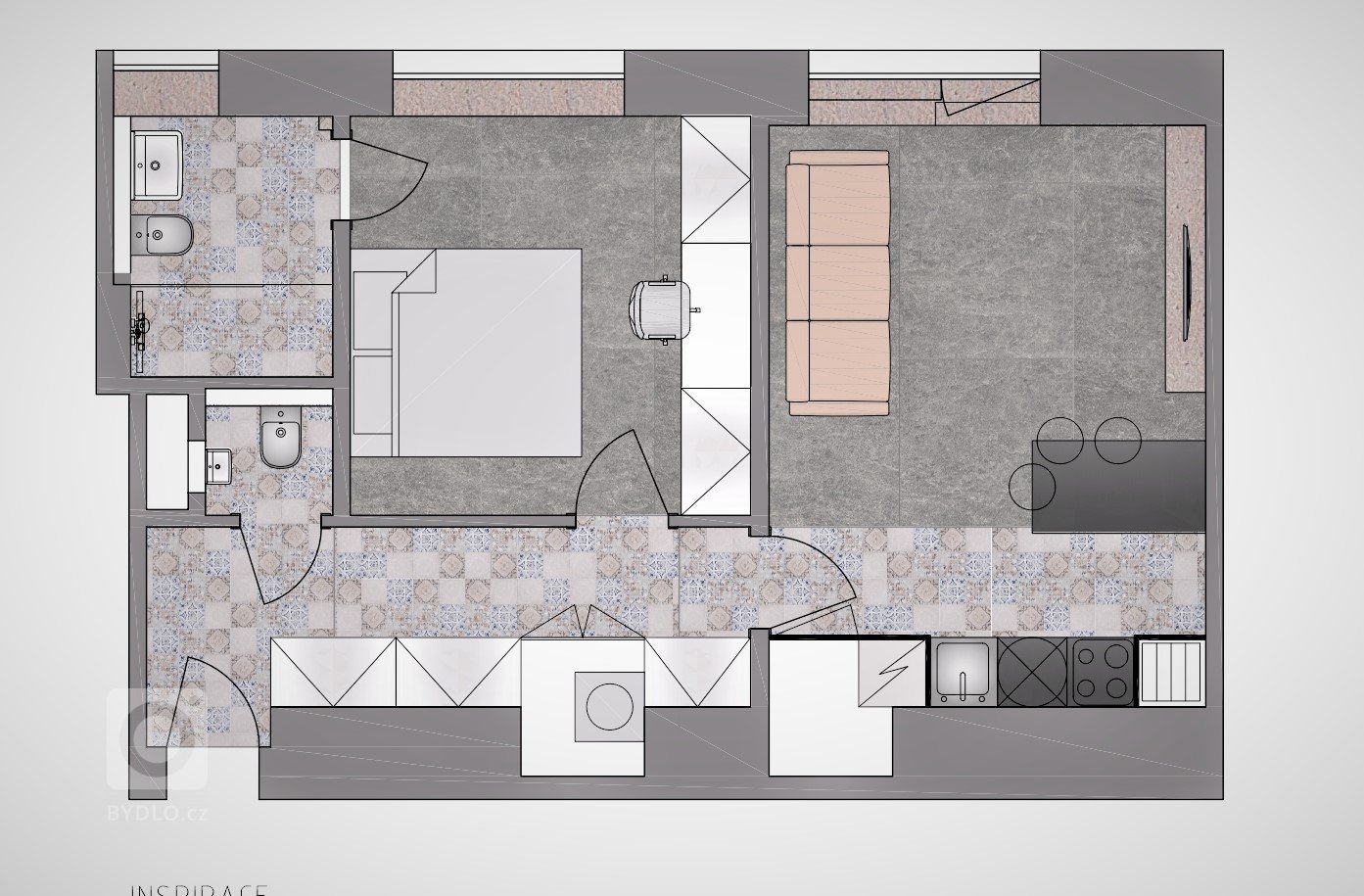 Změna dispozice a návrh interiéru nájemního bytu Dejvice.