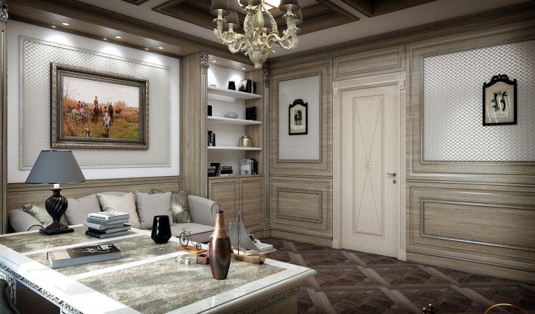 Privátní rezidence je řešená v klasickém stylu. Dřevěné obložení stěn &quot;boiserie&quot; přidává interiérům nádech luxusu, ale zároveň nepůsobí těžce díky…