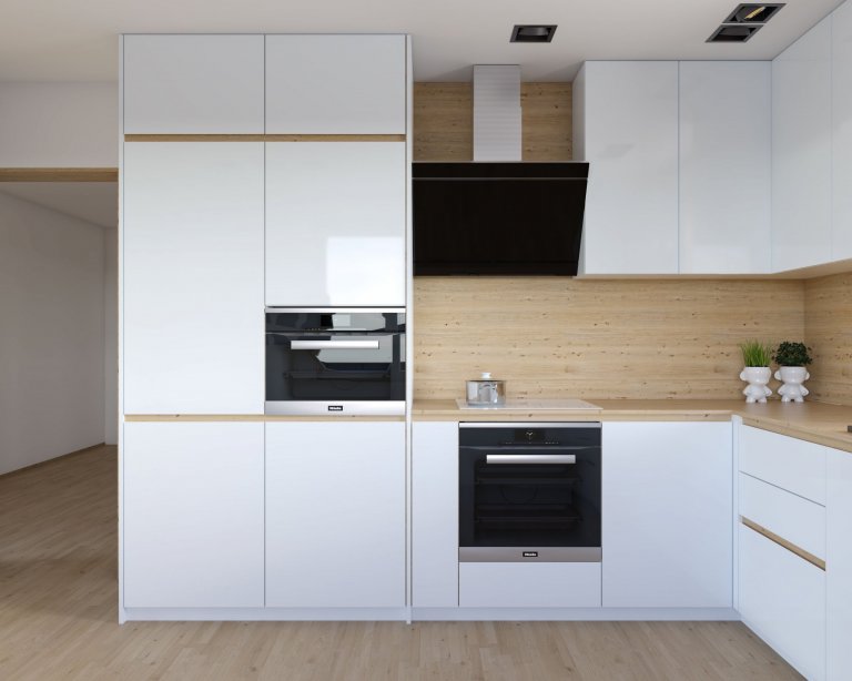 Návrh moderného a útulného interiéru obývacej izby a kuchyne v novostavbe rodinného domu pre mladú rodinu v nadčasovej kombinácií prírodnej dýhy a bieleho laku…