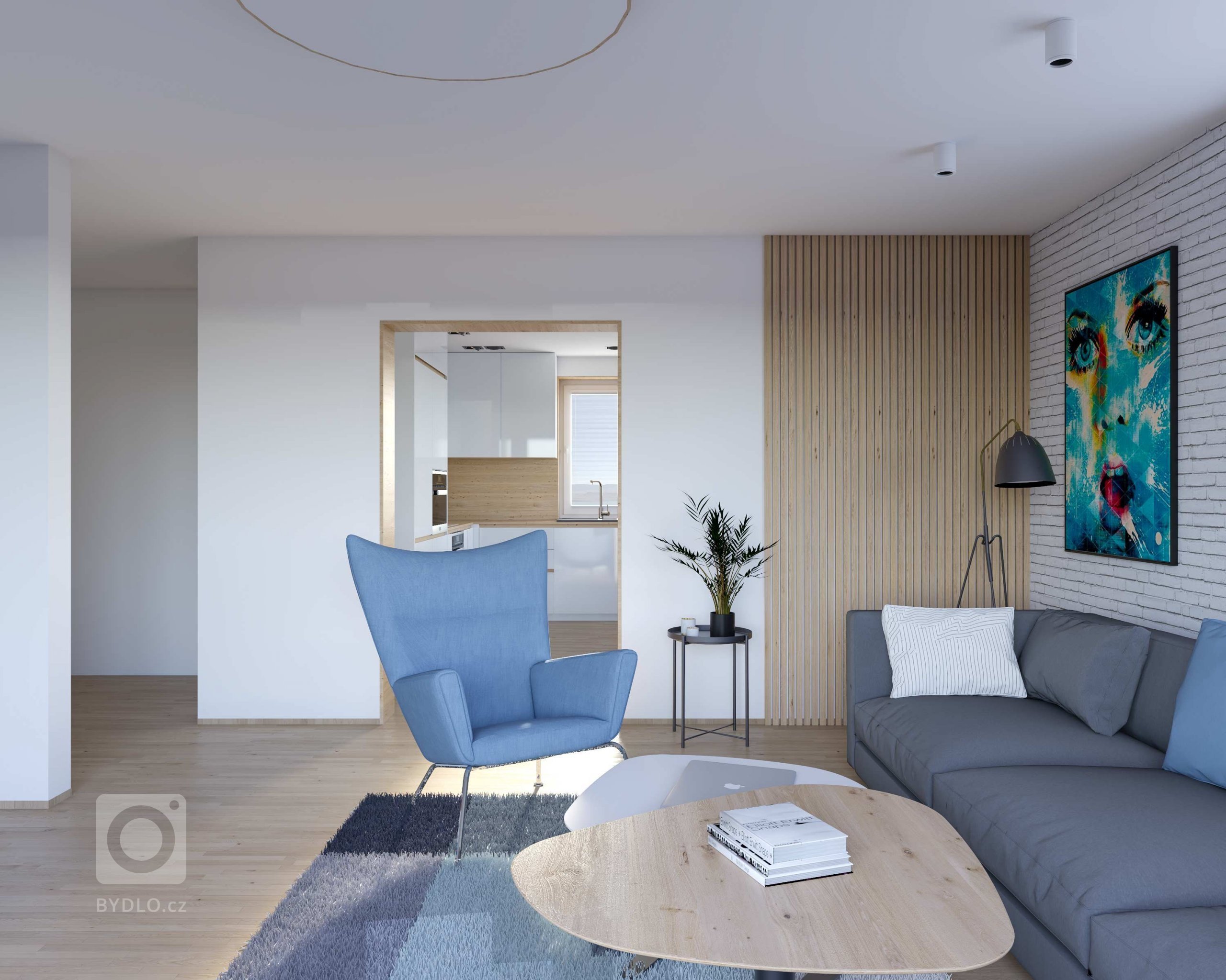 Návrh moderného a útulného interiéru obývacej izby a kuchyne v novostavbe rodinného domu pre mladú rodinu v nadčasovej kombinácií prírodnej dýhy a bieleho laku…