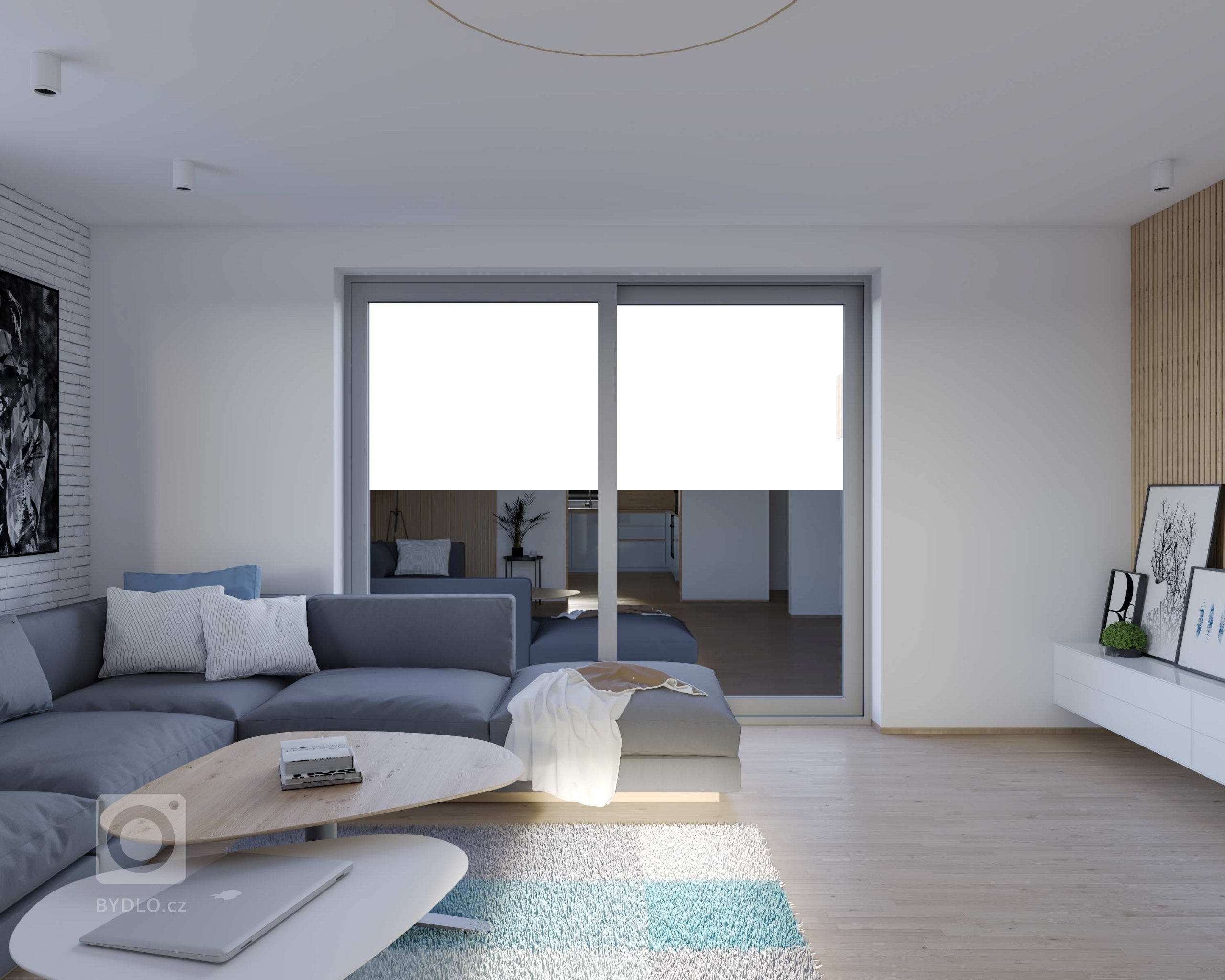 Návrh moderného a útulného interiéru obývacej izby a kuchyne v novostavbe rodinného domu pre mladú rodinu v nadčasovej kombinácií prírodnej dýhy a bieleho laku…