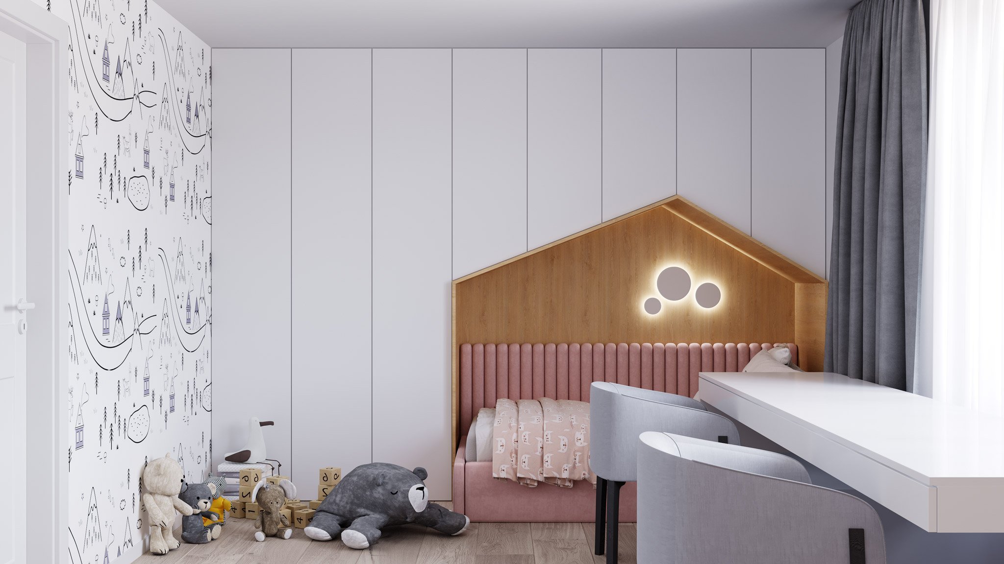 Návrh interiéru detskej izby pre dve deti s farebným rozdelením, ladený do kombinácie bielej farby a dreva. Rozdelenie sme dosiahli rozdielnou farebnou…