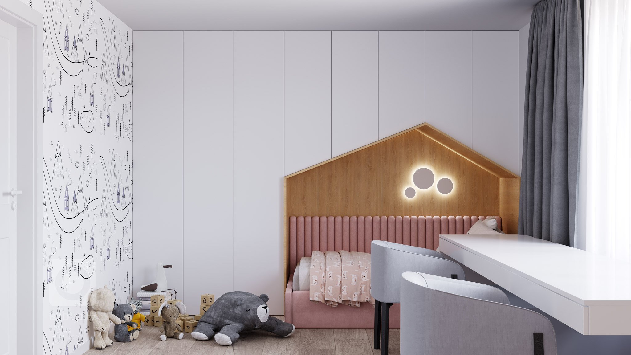 Návrh interiéru detskej izby pre dve deti s farebným rozdelením, ladený do kombinácie bielej farby a dreva. Rozdelenie sme dosiahli rozdielnou farebnou…